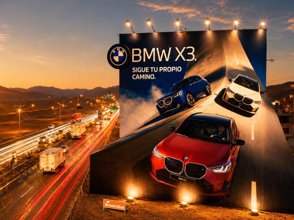 Panel publicitario de BMW X3 en la Panamericana Sur durante campaña verano 2026