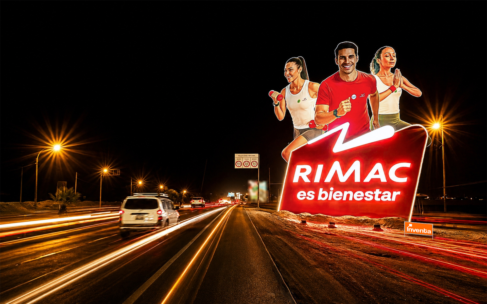 Panel publicitario iluminado con luces LED para campaña Rimac es Bienestar